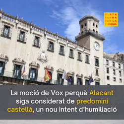 La Plataforma per la denuncia la moció de Vox perquè Alacant siga considerat de predomini castellà