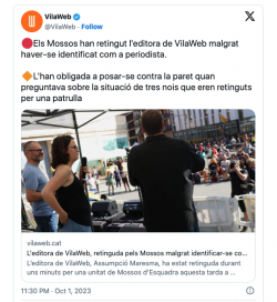 Els Mossos han retingut l'editora de Vilaweb tot i haver-se indentificat com a periodista
