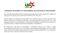 La IAC dona suport a la vaga general del 29 de maig al País Valencià
