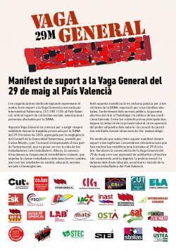 Suport del moviment sindical de classe a la Vaga General  al País Valencià
