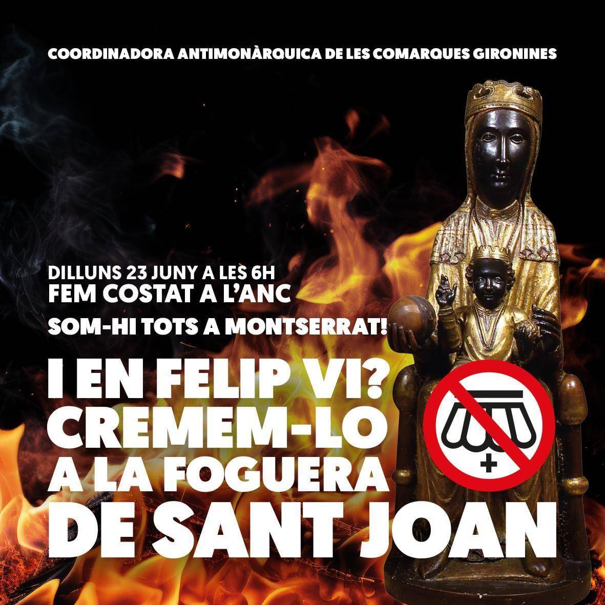 La Coordinadora Antimonàrquica de les Comarques Gironines (CACGi) ha emès un comunicat on convida a cremar la fotografia de Felip VI a totes les fogueres de Sant Joan 