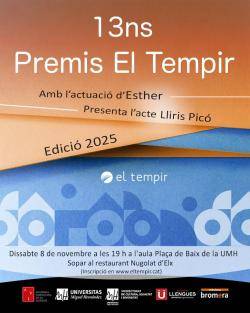 El Tempir lliura els seus 13ns Premis dissabte 8 de novembre a l?aula Plaça de Baix de la UMH a Elx