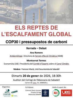 ADENC organitza a Sabadell una xerrada-debat sobre els reptes de l?escalfament global i els pressupostos de carboni