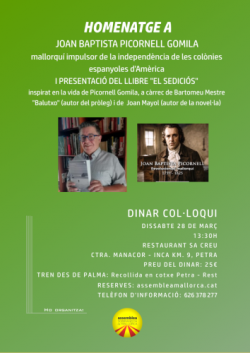 Homenatge a Joan Baptista Picornell a Petra amb la presentaci&oacute; de El sedici&oacute;s