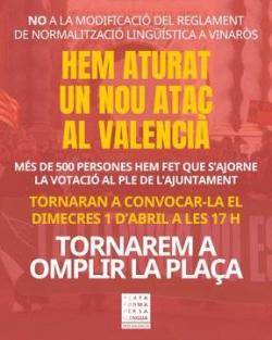 Vinar&ograve;s tornar&agrave; a mobilitzar-se en defensa del valenci&agrave; l?1 d?abril