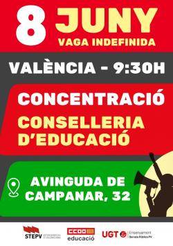 Els sindicats convoquen una concentraci&oacute; davant la Conselleria d?Educaci&oacute; en plena negociaci&oacute; de la vaga indefinida