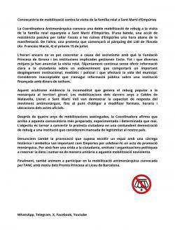 La Coordinadora Antimon&agrave;rquica de les Comarques Gironines convoca una doble mobilitzaci&oacute; contra la visita reial a Sant Mart&iacute; d�Emp&uacute;ries