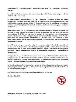 La CACGi denuncia la investigaci&oacute; del seu portaveu pels fets de la protesta d'Emp&uacute;ries (27/07/2026)