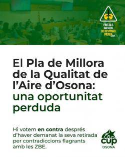 La CUP vota contra el Pla de Millora de la Qualitat de l'Aire d'Osona per les contradiccions sobre les Zones de Baixes Emissions