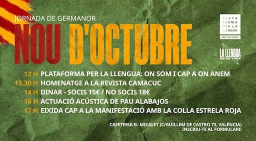 Plataforma per la Llengua celebrar&agrave; el 9 d'Octubre amb un homenatge a Camacuc i una crida a defensar el valenci&agrave;